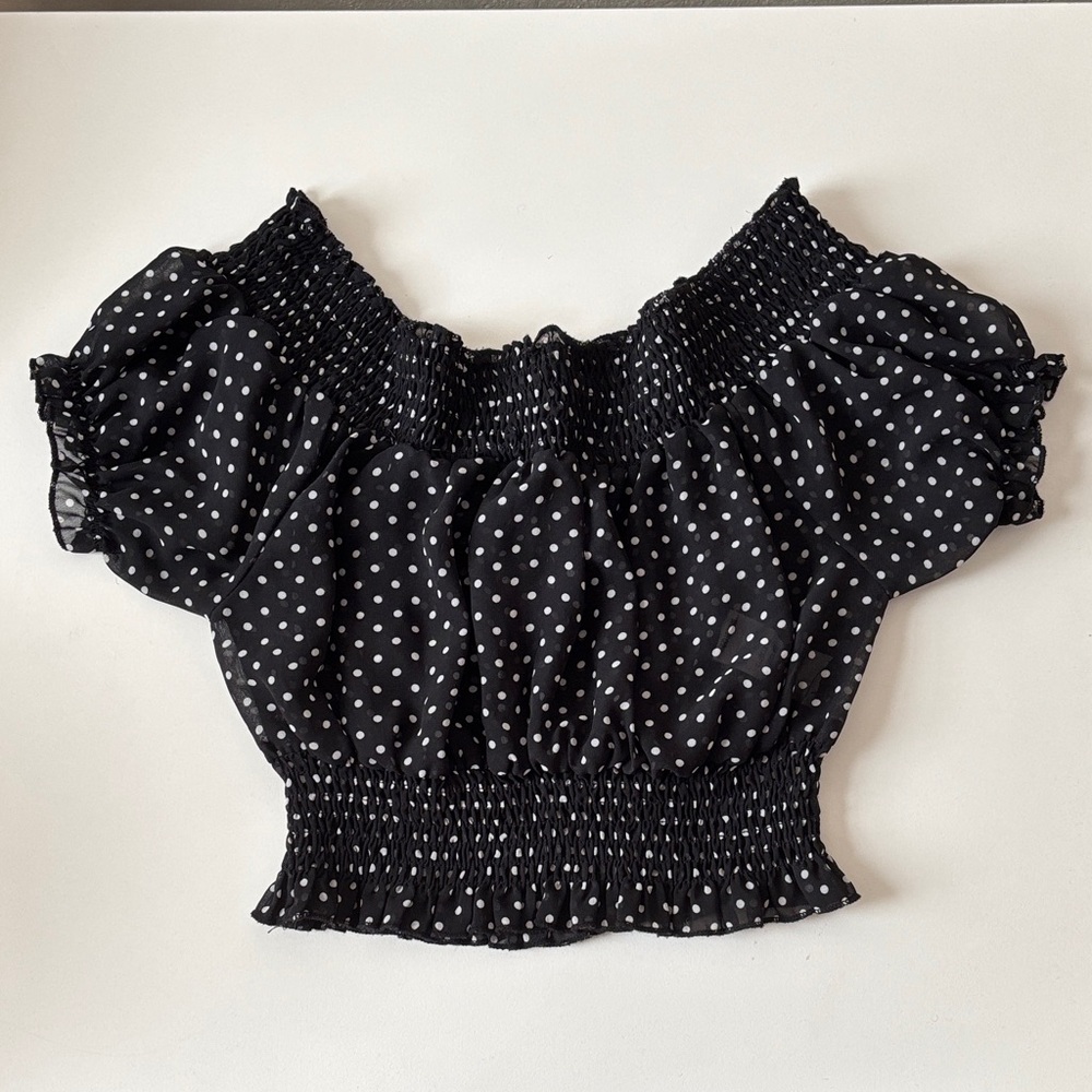 Doe & Rae Black and White Polka Dot Smocked Blouse